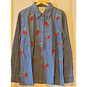 Embroidered Cherry Denim Button-Up Shirt - Blue